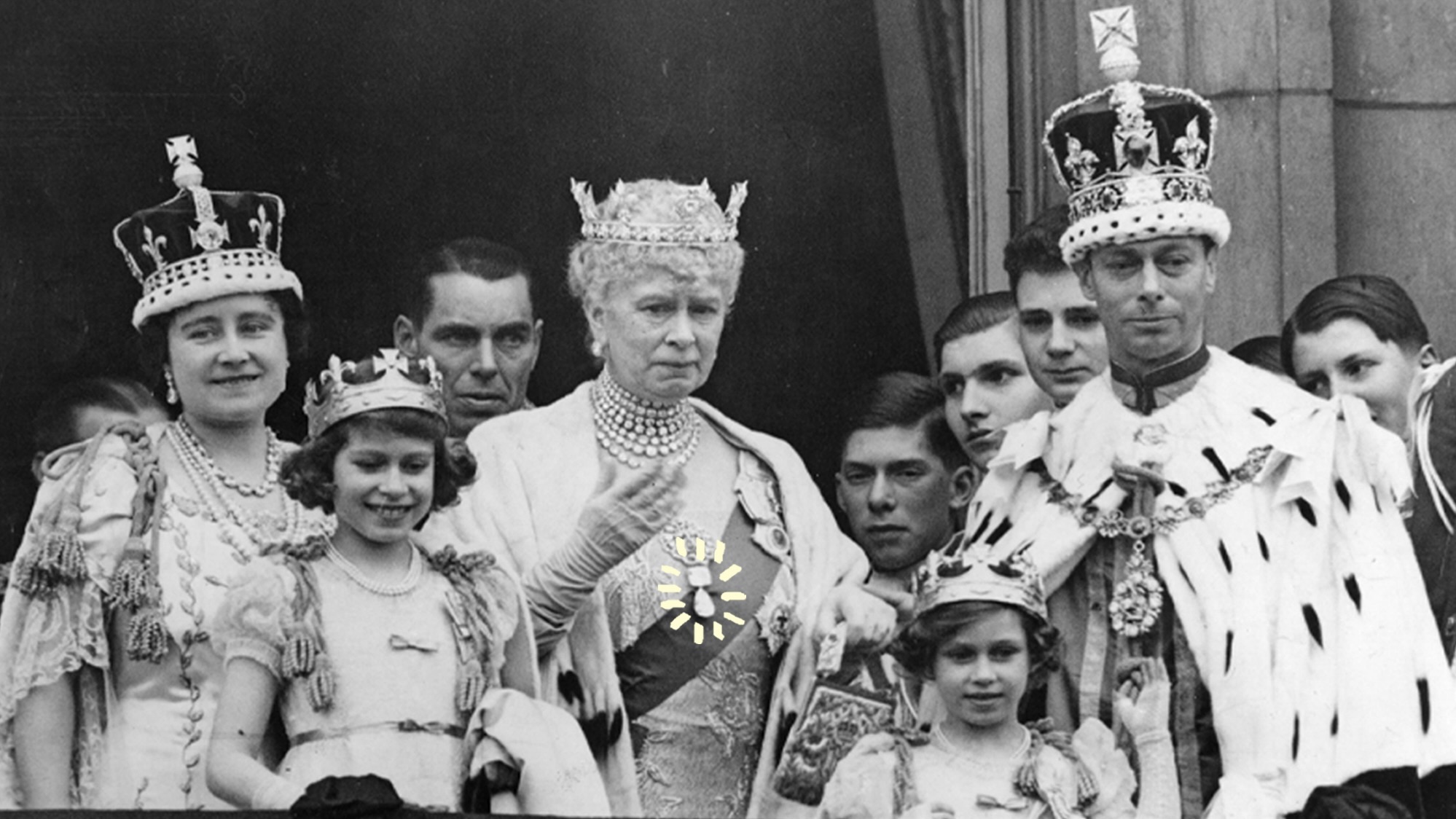 The Royal Family on the day of King George VI Coronation on May 12, 1937. Queen Mary wore her brooch known as "Granny’s Chips" for the occasio