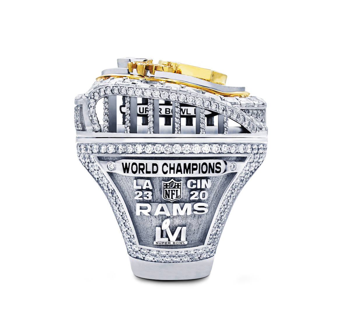 The Los Angeles Rams Super Bowl LVI Ring Has the Most Diamond Carat Weight in Championship Ring History 4 los angeles rams super bowl ring diamonds jason of beverly hills inside so fi stadium