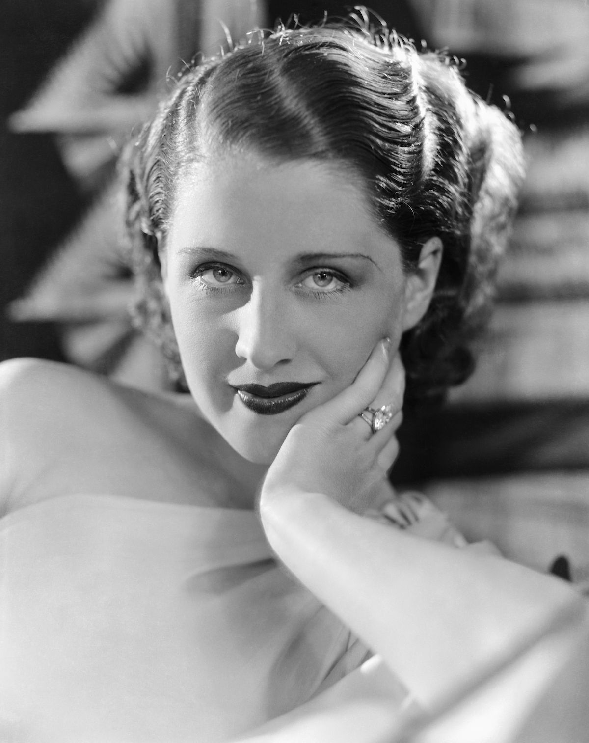 Norma Shearer wearing marquise-cut diamond engagement ring