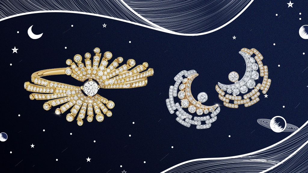 De Gauche à droite : Bracelet Soleil Contraste de la collection de haute joaillerie "1932" de Chanel, sortie en 2022. Boucles d'oreilles La Lune Solaire, également issues de la collection de haute joaillerie "1932" de Chanel.