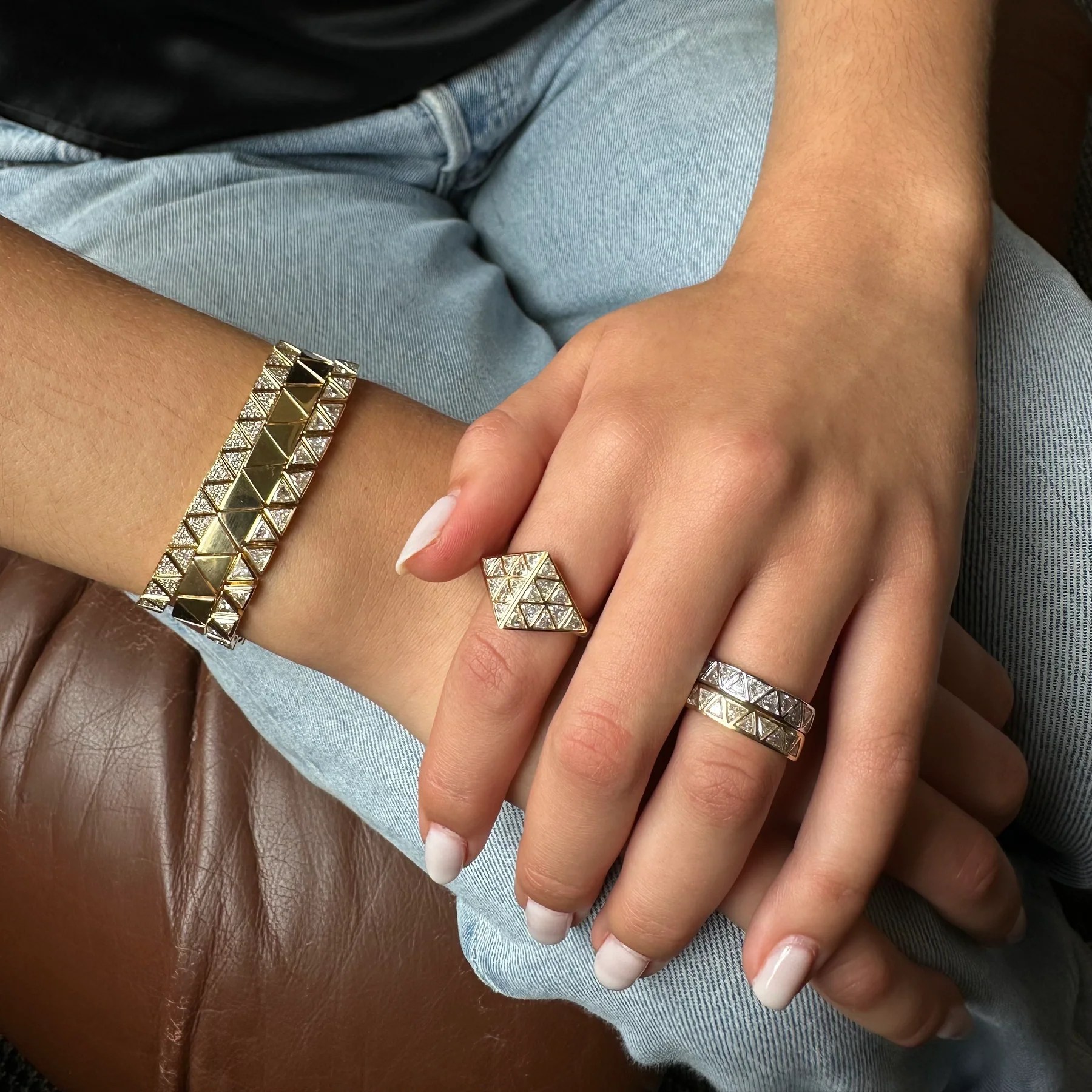 7 Reasons Trillion Cut Diamonds Deserve Your Full Attention 11 trillion cut diamond bracelet and rings