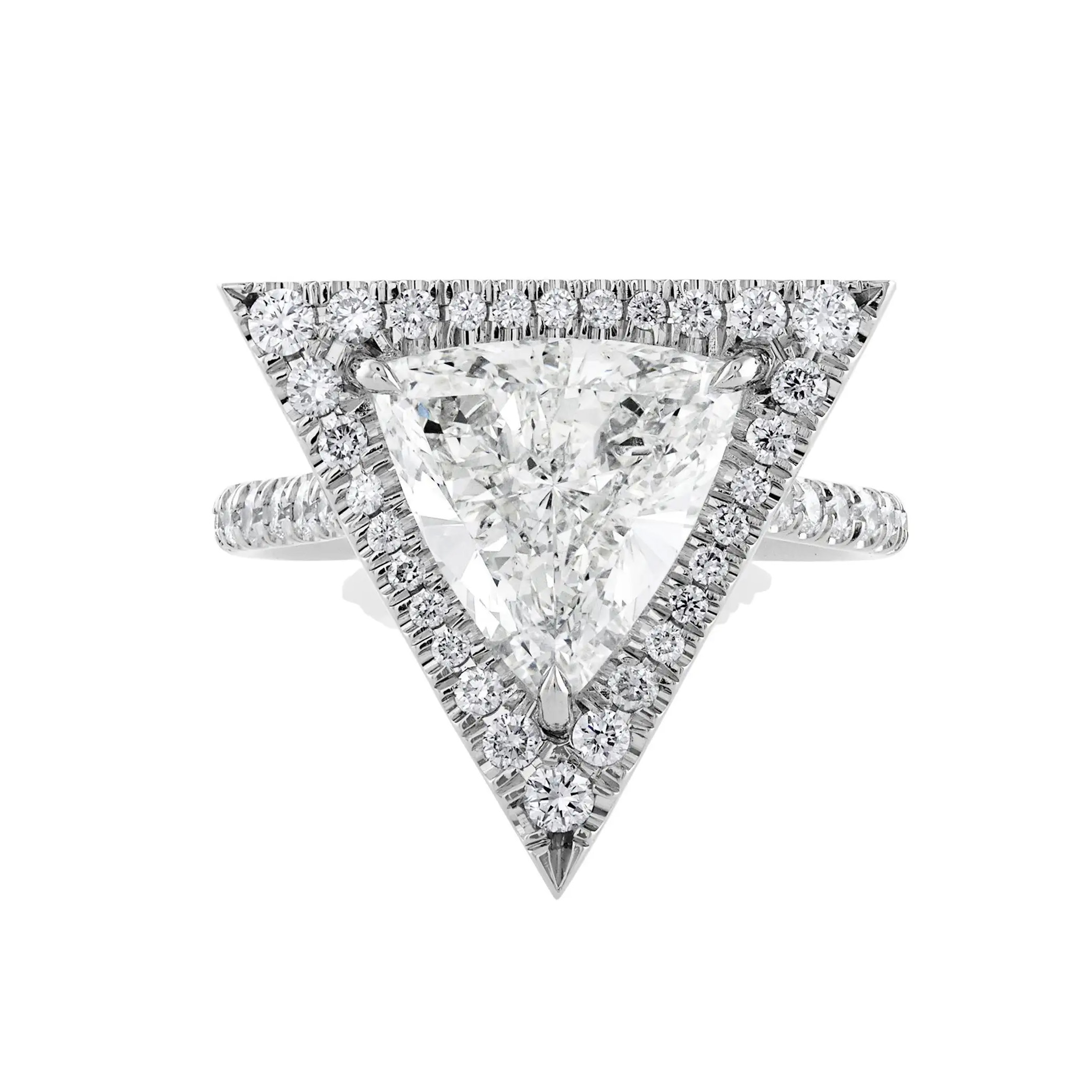 7 Reasons Trillion Cut Diamonds Deserve Your Full Attention 6 trillion cut diamond engagement ring with halo