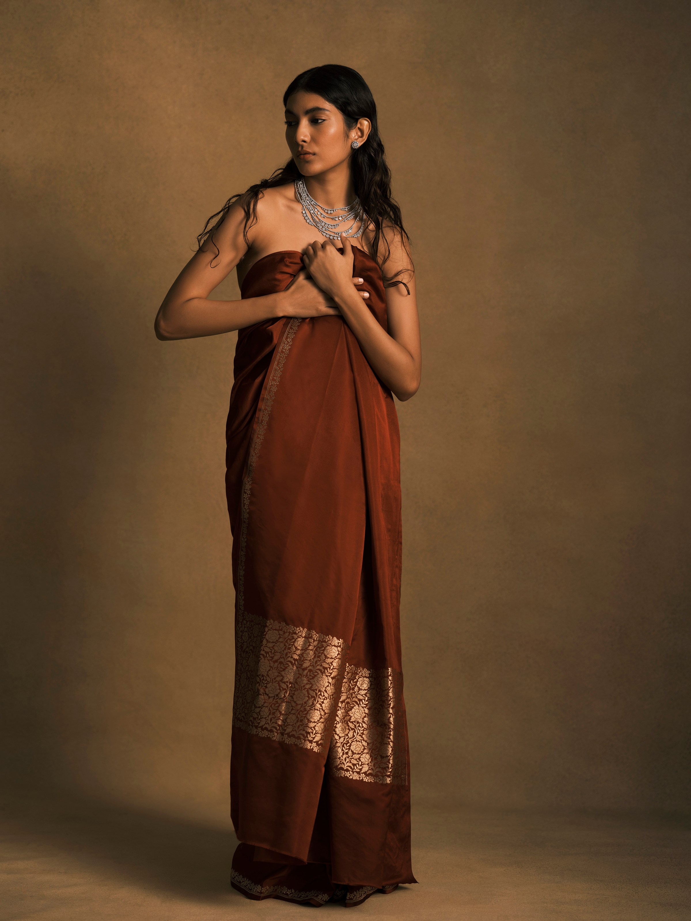 Elegant Ensemble: Earrings by Chirag Duhalani, Necklace from Malabar Gold And Diamonds, Sari from Tilfi Banaras on Maumita 