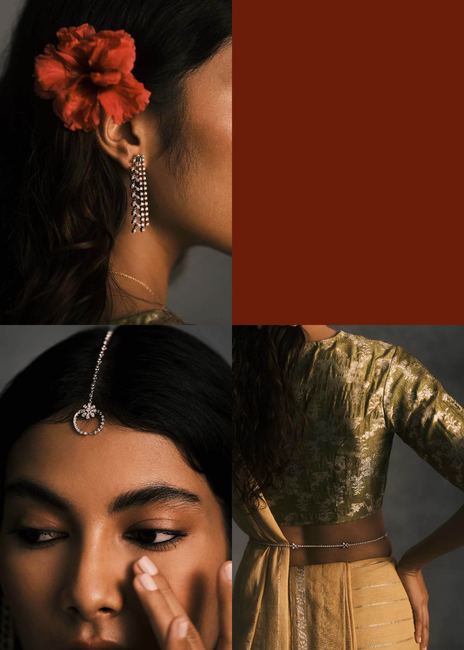 Maumita's Radiant Look: Earrings, Necklace, Maang Tikka, Waist Belt from Om Jewellers. Sari and Blouse by Maku Textiles