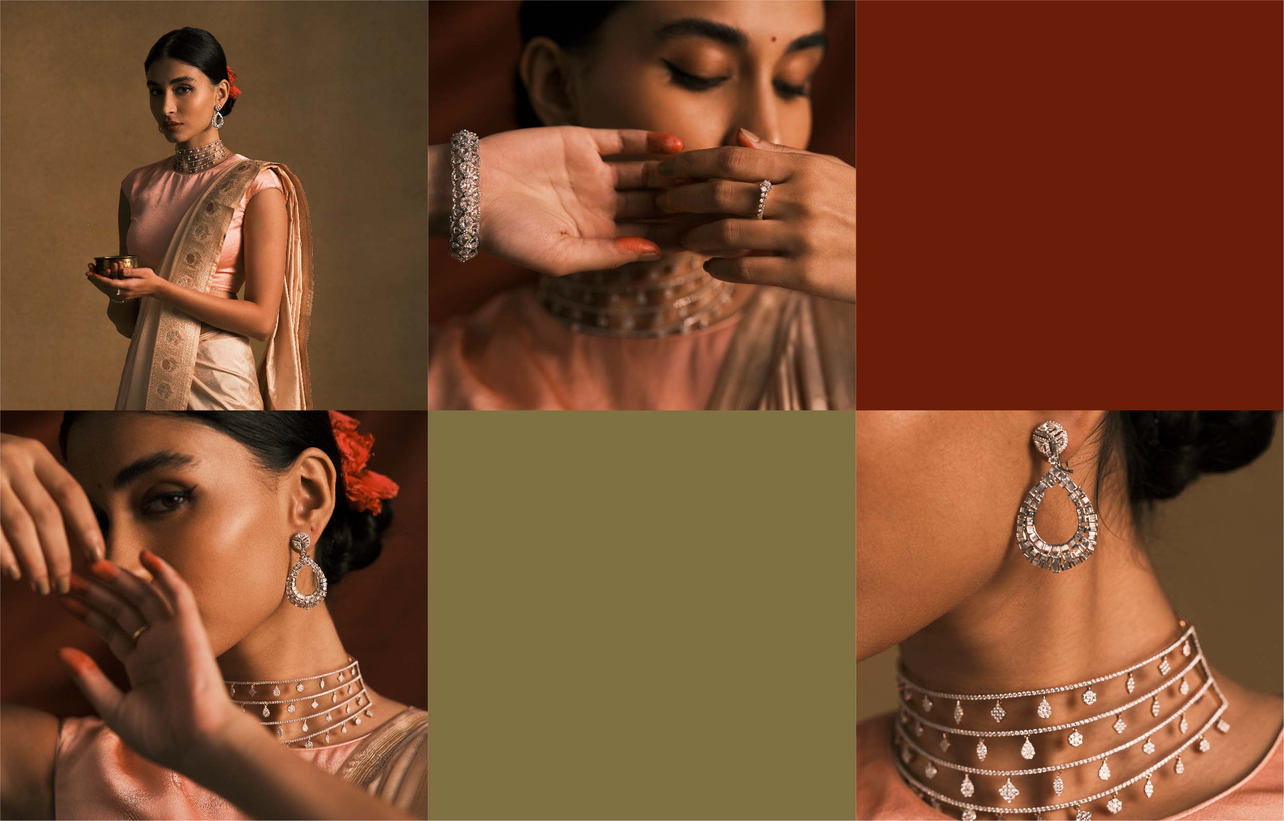 Krishita's Dazzling Attire: Earrings, Necklace from Diamantina Fine Jewels. Bangle by Thakorlal Hiralal. Ring from Sawansukha. Sari and Blouse by Tilfi Banaras