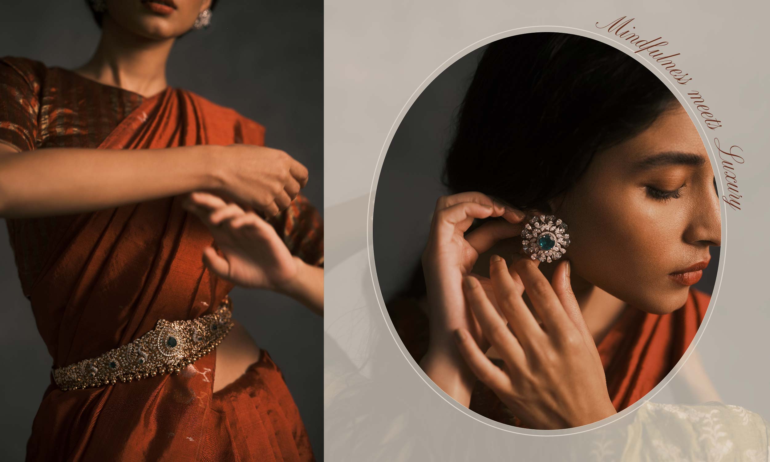 Krishita's Stunning Ensemble: Earrings by Diamantina Fine Jewels, Necklace from Om Jewellers, Bangle by Thakorlal Hiralal, Ring from Sawansukha. Sari and Blouse by Tilfi Banaras.