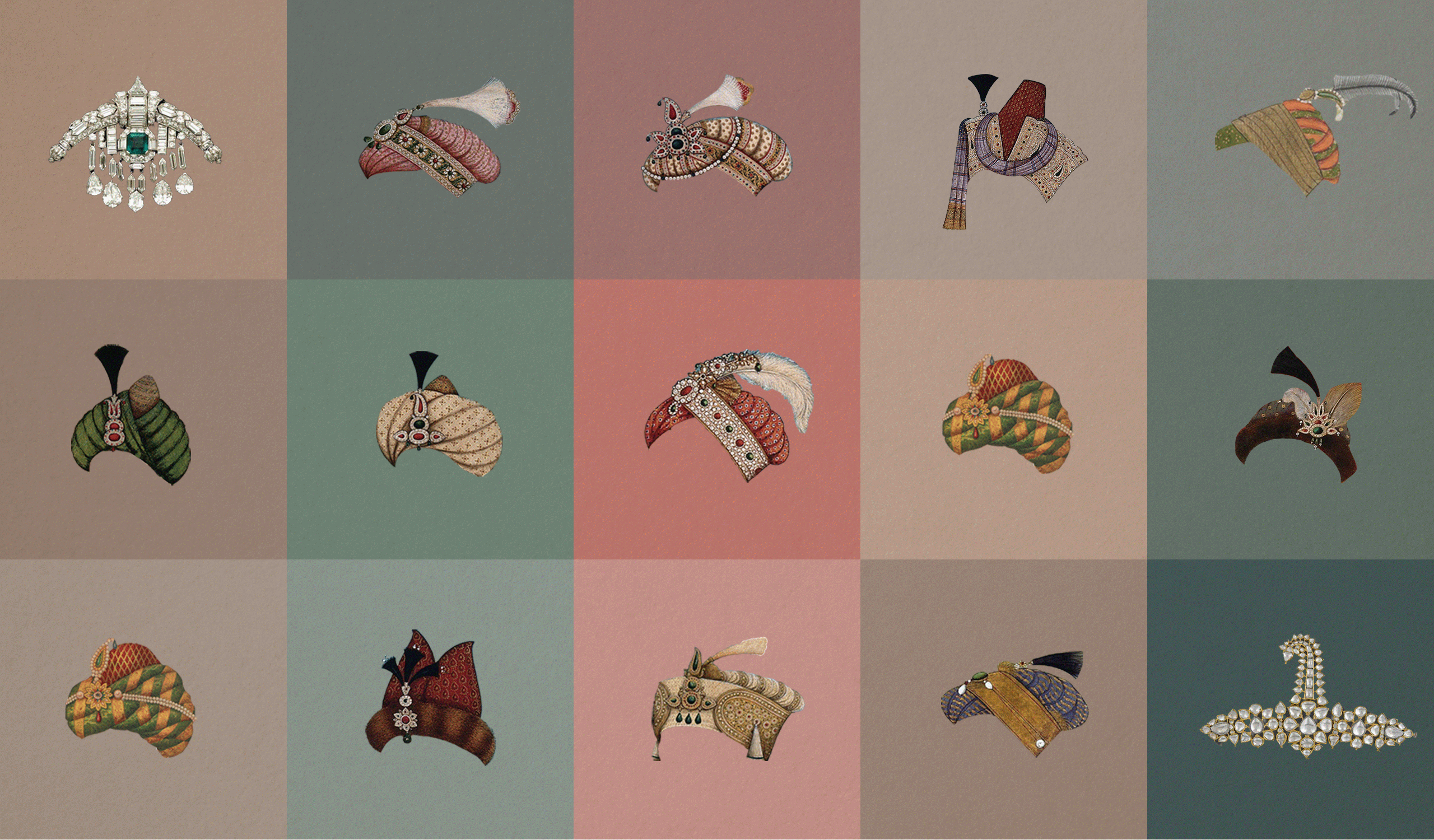 Various turbans and their ornaments with diamonds