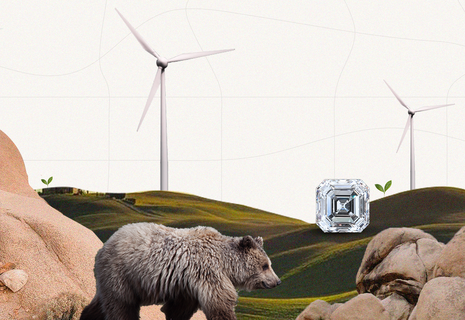 A bear walking in a grassy area with wind turbines