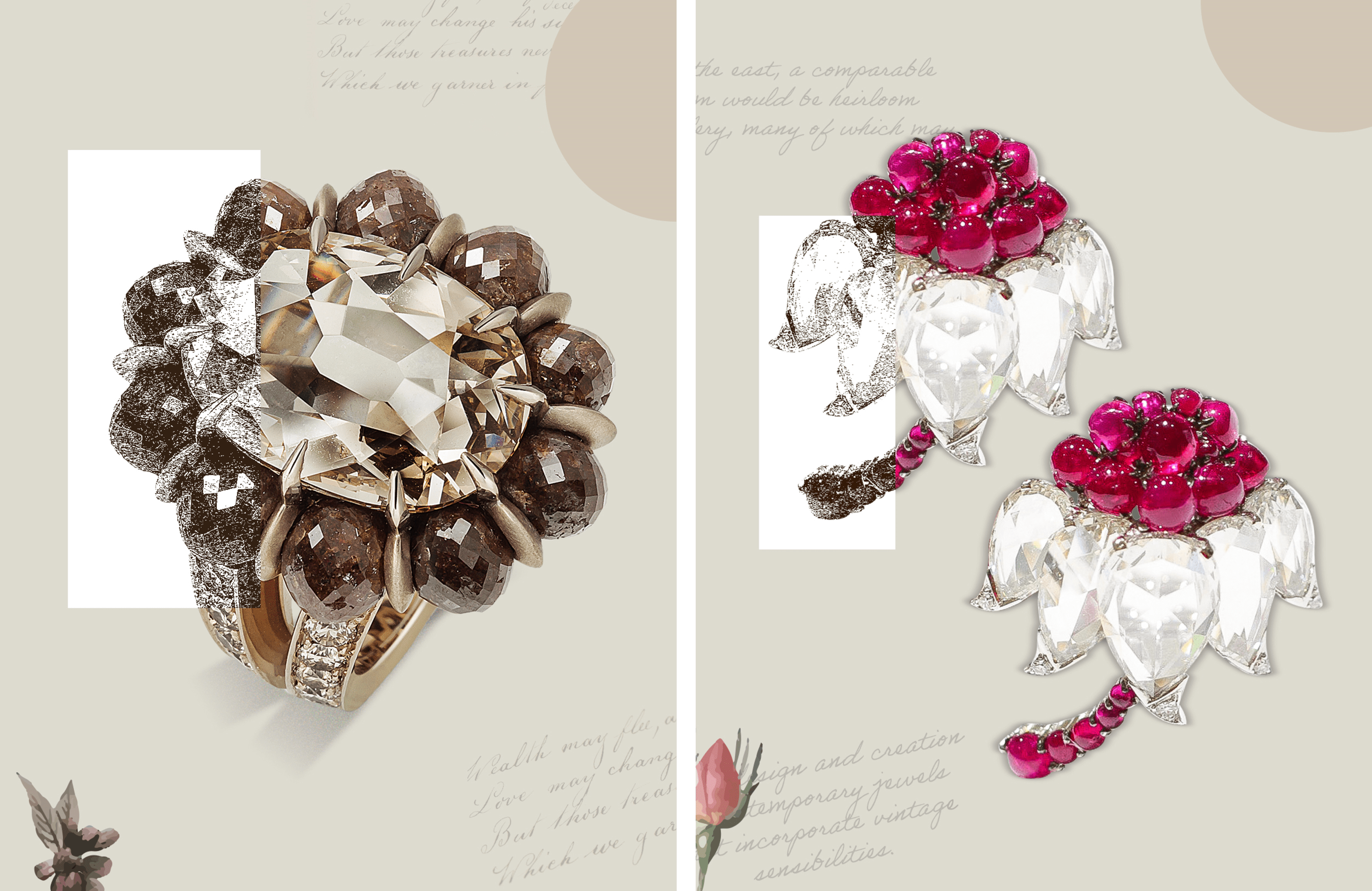 Hemmerle ring, featuring a Fancy Light Yellowish-Brown diamond and Ruby Lotus earrings by Viren Bhagat