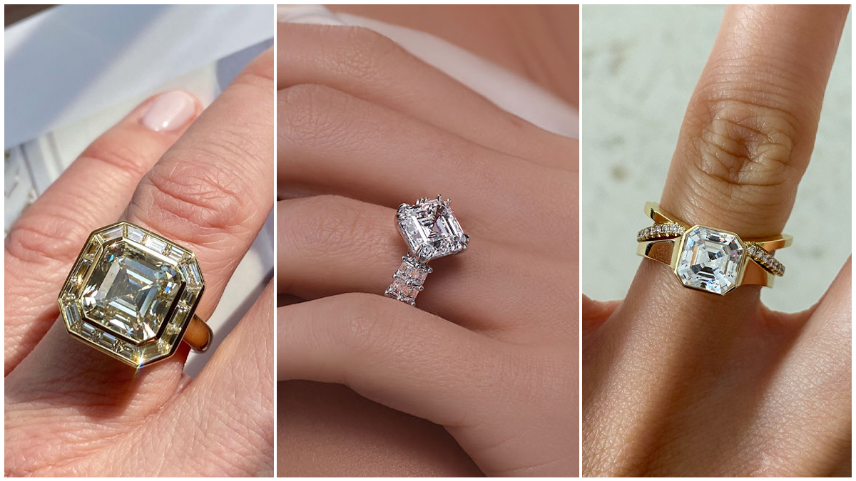 Antique Asscher Cut Diamond Engagement Ring, 3 Stone Diamond Ring with  Baguette Accent Diamonds. Edwardian 1900s - 1920s. - Addy's Vintage