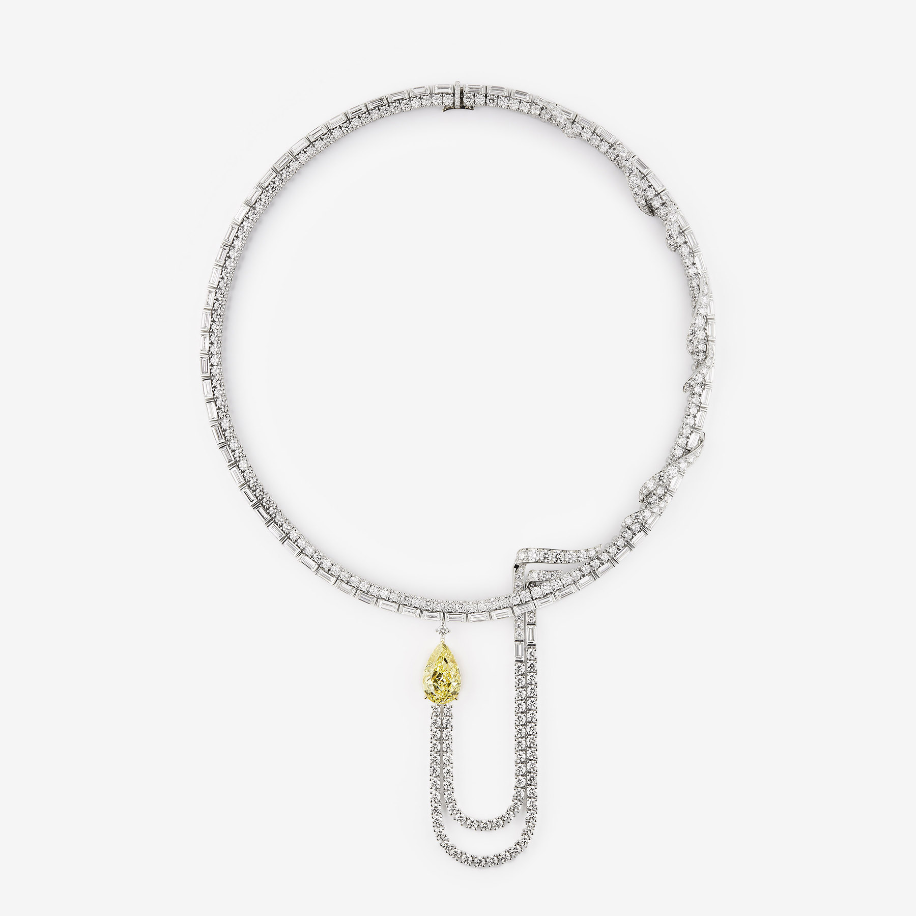 Platinum and Yellow Gold Necklace Set with an Yellow Pear-Shaped Diamond