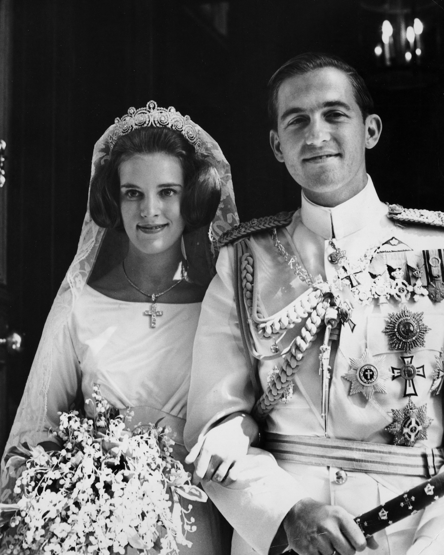 King Constantine II of Greece and Queen Anne Marie Wearing The Khedive of Egypt Tiara on Their Wedding Day