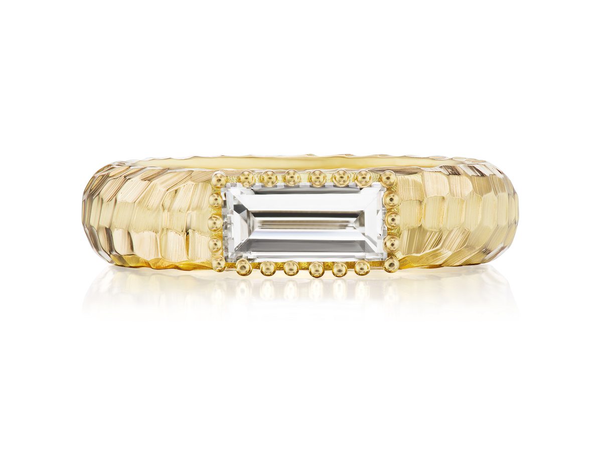 Dana Bronfman Hammered Flush Set Baguette Tubular Band