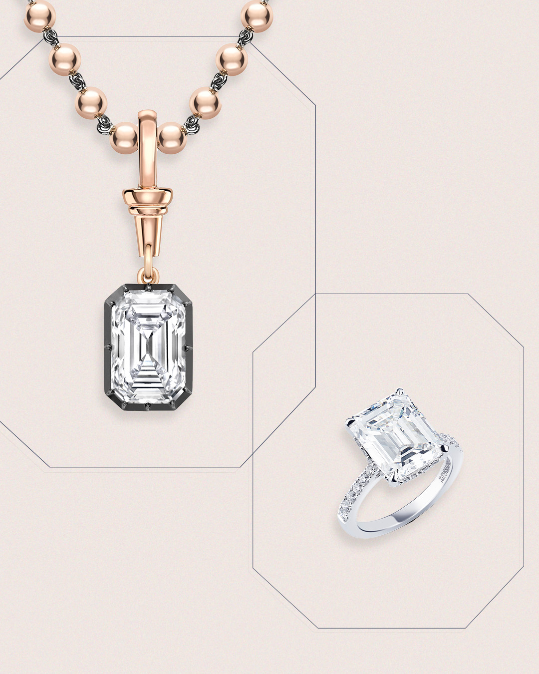 Emerald-Cut Diamond necklace and ring