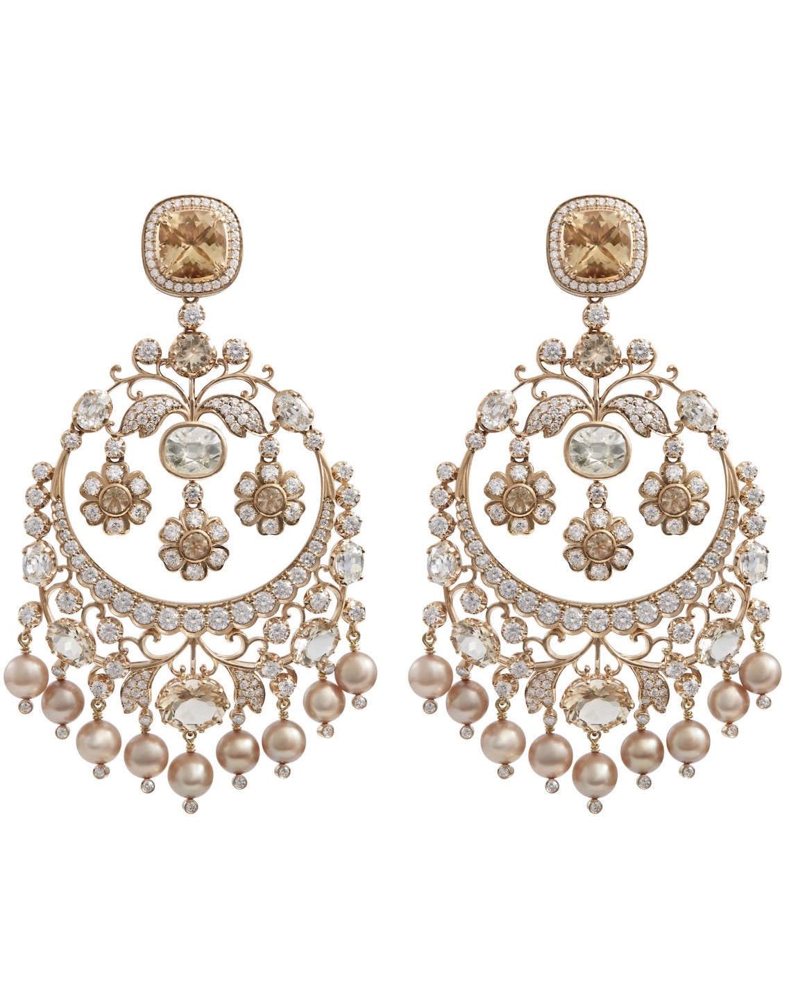 Mughal Empire Diamond Jewelry Indian Wedding Jewelry Sabyasachi ‘Bengal Royale’ Collection High Jewelry Earrings with Brilliant-Cut Diamonds, Pearls, and Organic Gemstones, Set in Gold 