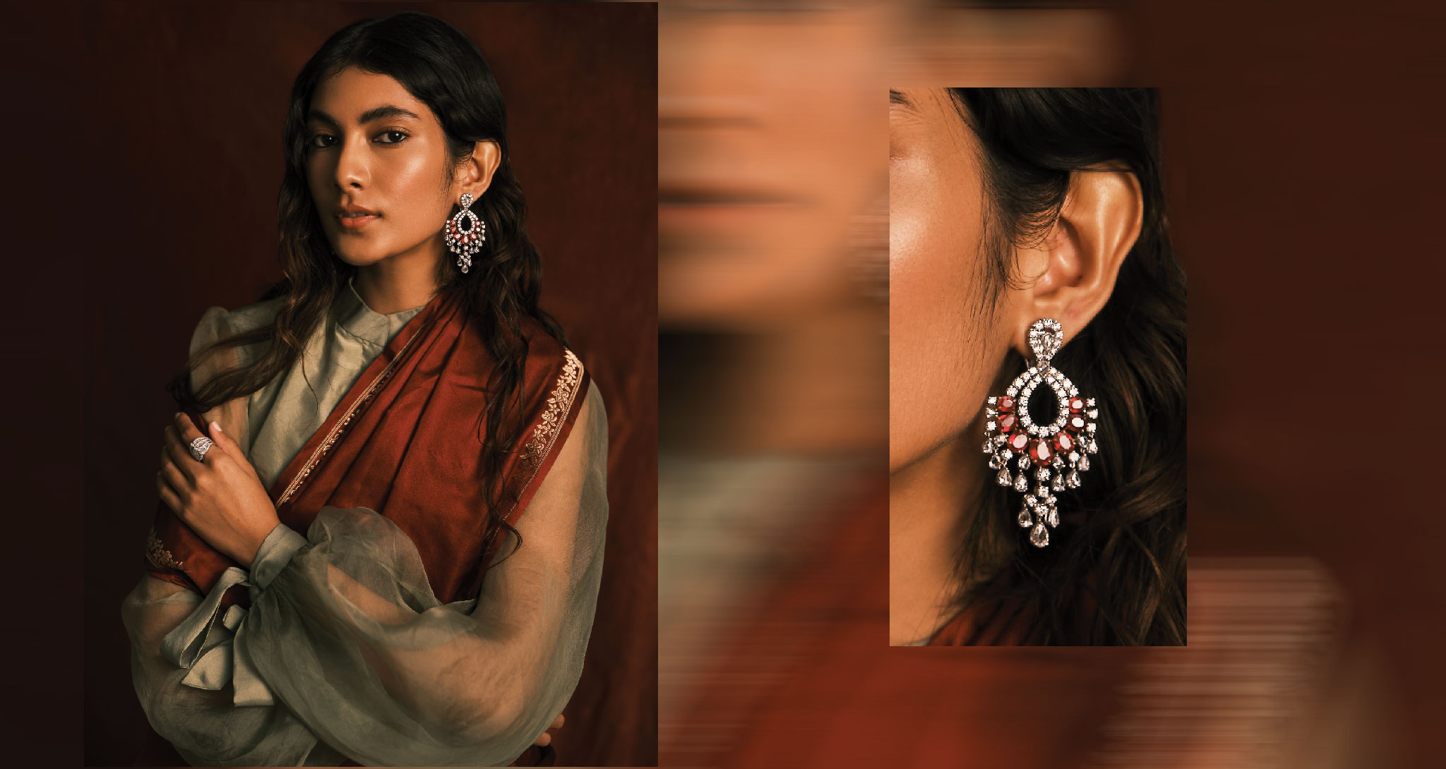 Earrings Thakorlal Hiralal | Ring Diamantina Fine Jewels | Outfit Sari and Blouse Tilfi