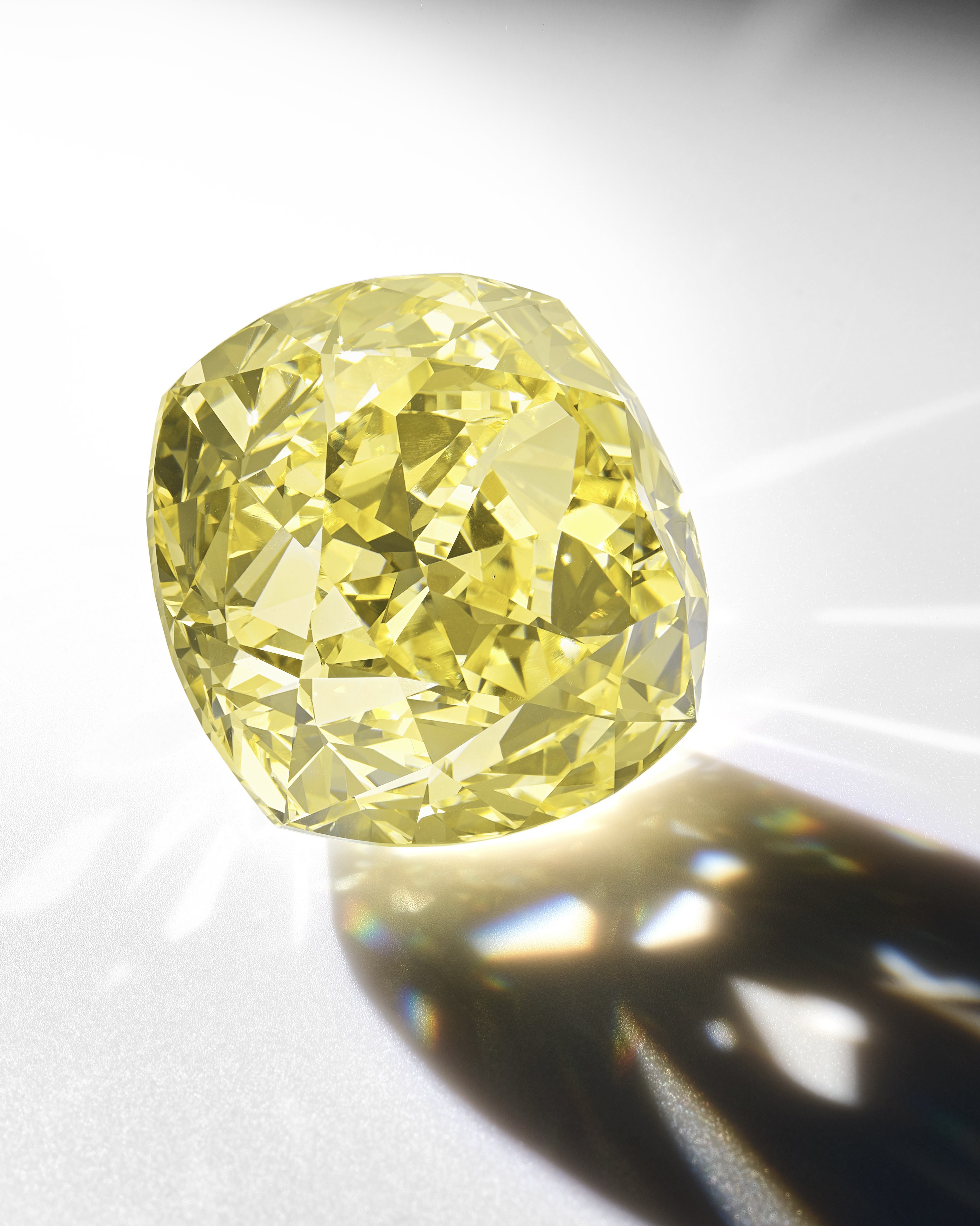 Fancy Vivid Yellow Cushion Diamond and Half-moon 3 stone Ring, SKU 340627  (7.75Ct TW)