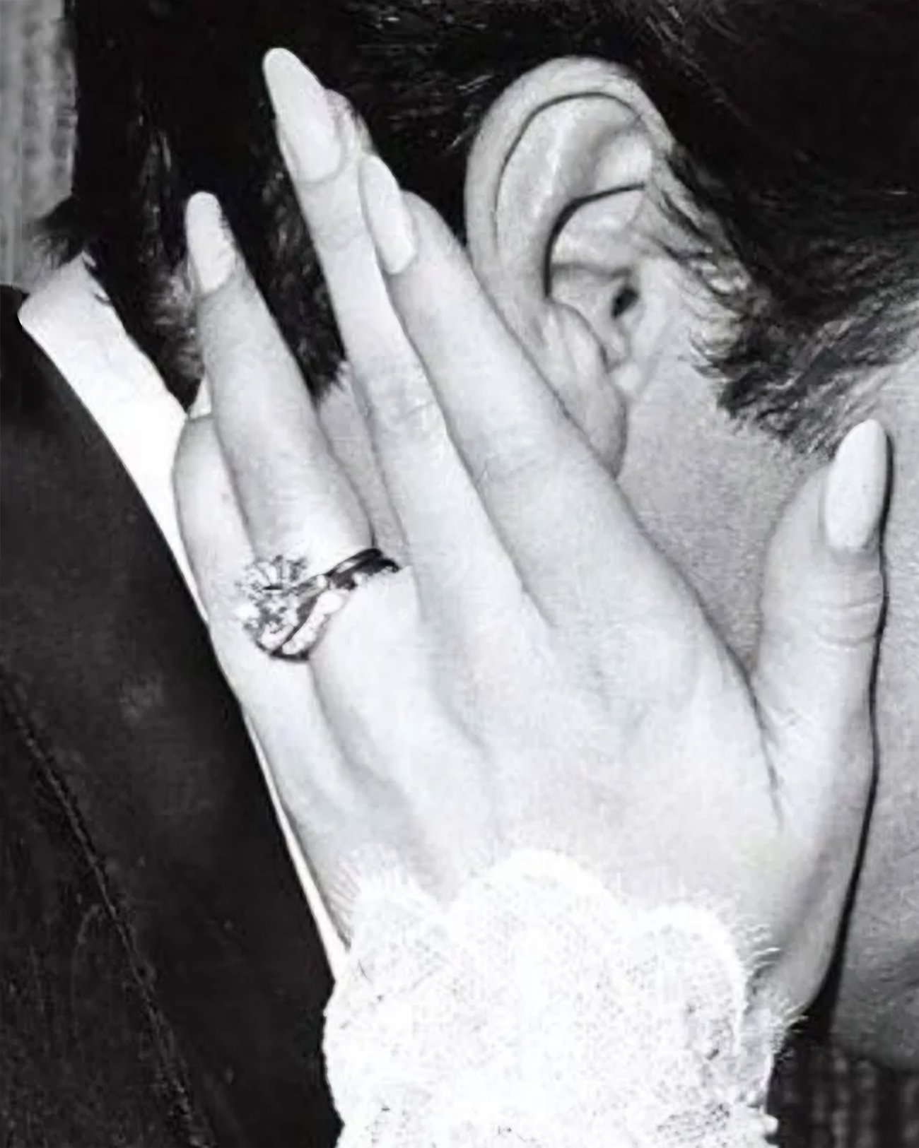 A close up of Priscilla Presley's diamond engagement ring during her wedding to Elvis in Las Vegas on May 1, 1967.