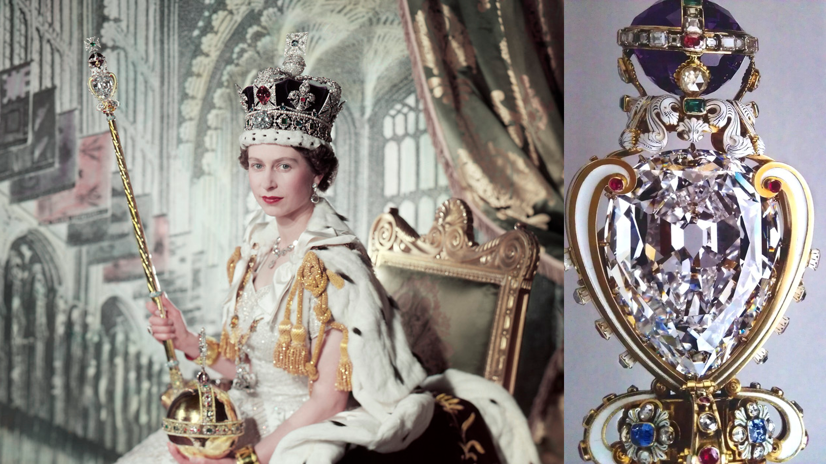 Queen Elizabeth II sits for an official coronation portrait on June 2, 1953, wearing the Imperial State Crown and holding the Sovereign’s Orb and Sceptre with Cross, set with the Cullinan I diamond