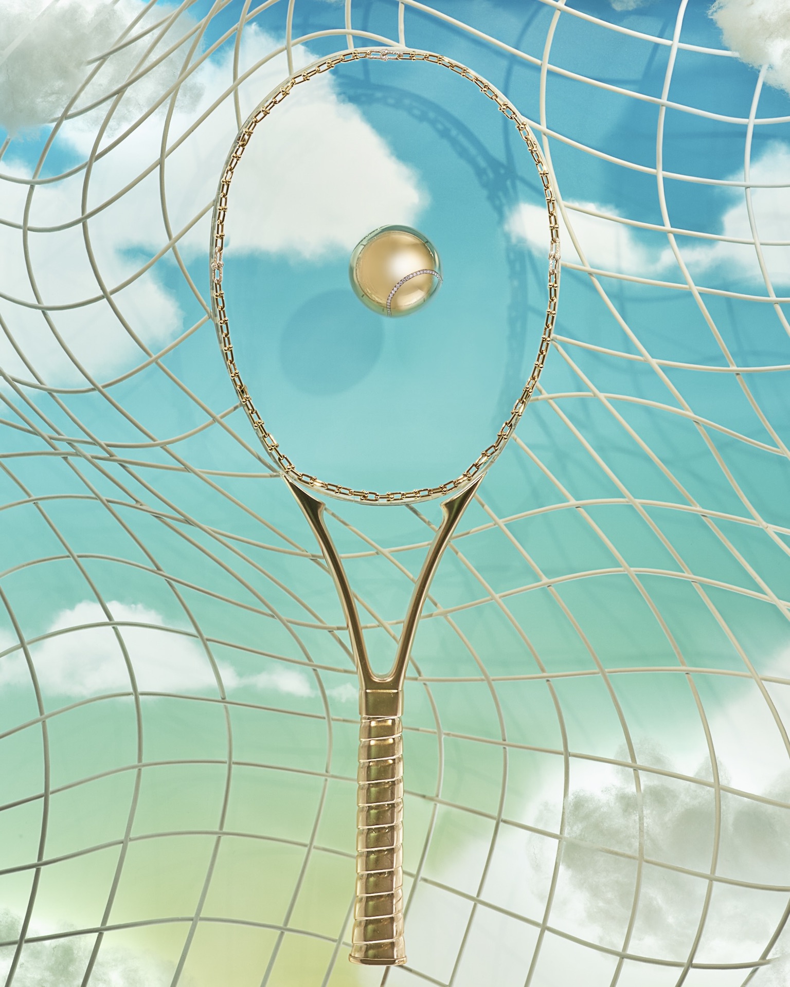 The Tiffany & Co. 2025 US Open Pop-Up reveals the one-of-a-kind diamond HardWear by Tiffany tennis racket and a 24-karat gold vermeil tennis ball.