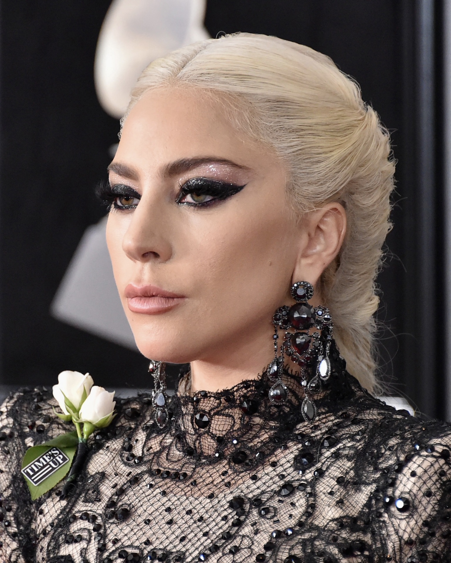 Lady Gaga wears Lorraine Schwartz black diamond chandelier earrings at the 2018 GRAMMY Awards in New York City.
