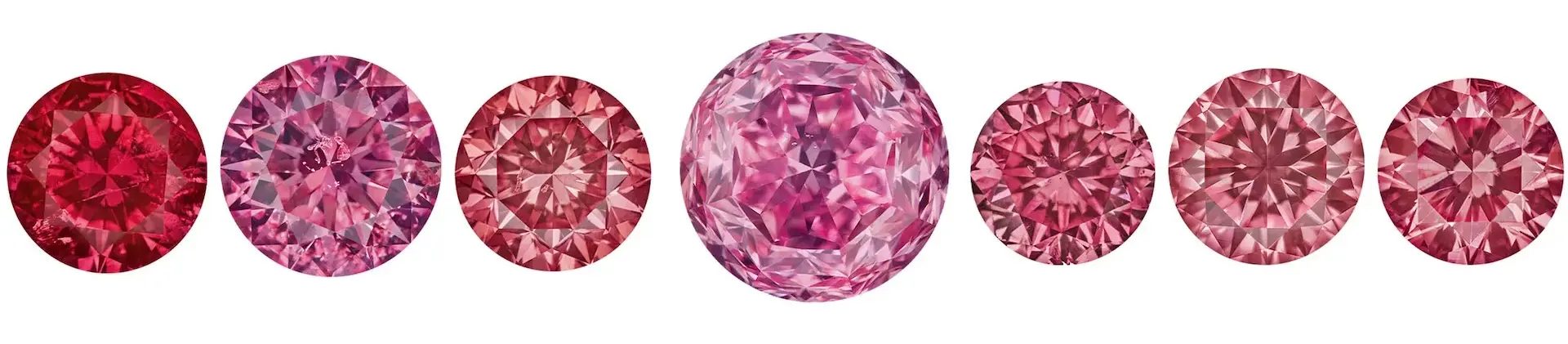 Rio Tinto Beyond Rare Tender: The seven 'Old Masters', all round brilliant cut pink and red diamonds, ranging in size from 0.60 carats to 2.63 carats, are all notable historic diamonds from the Argyle Diamond Mine. (© Argyle Diamonds Pty Limited 2024)