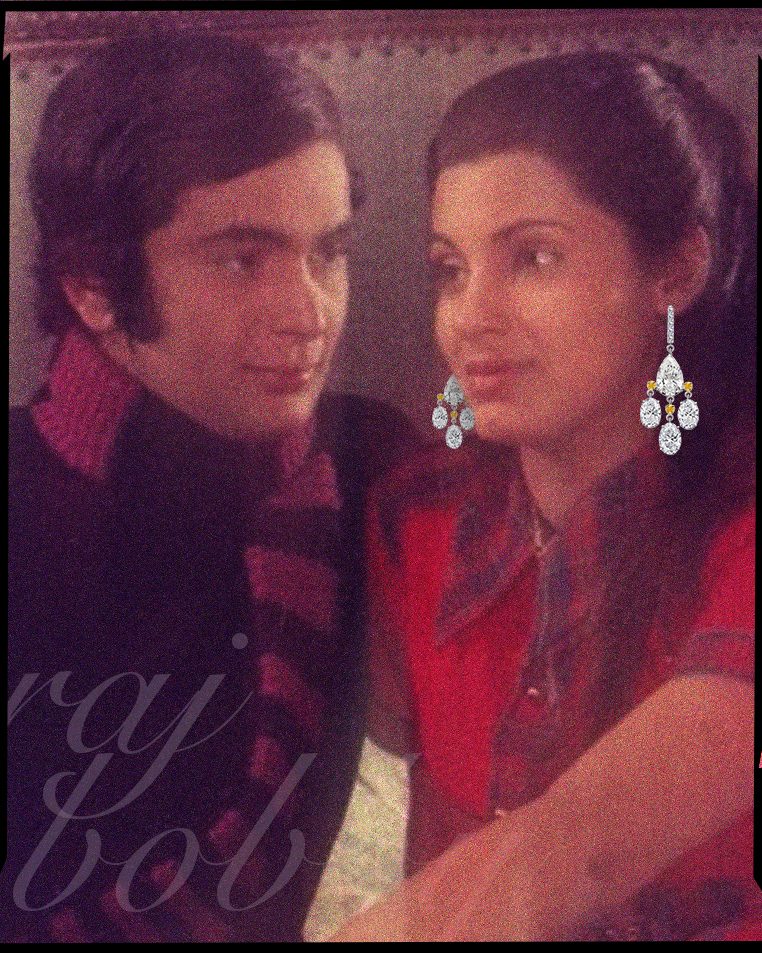 Iconic 'Bobby' scene with Rishi Kapoor and Dimple Kapadia, featuring Shruti Sushma earrings.