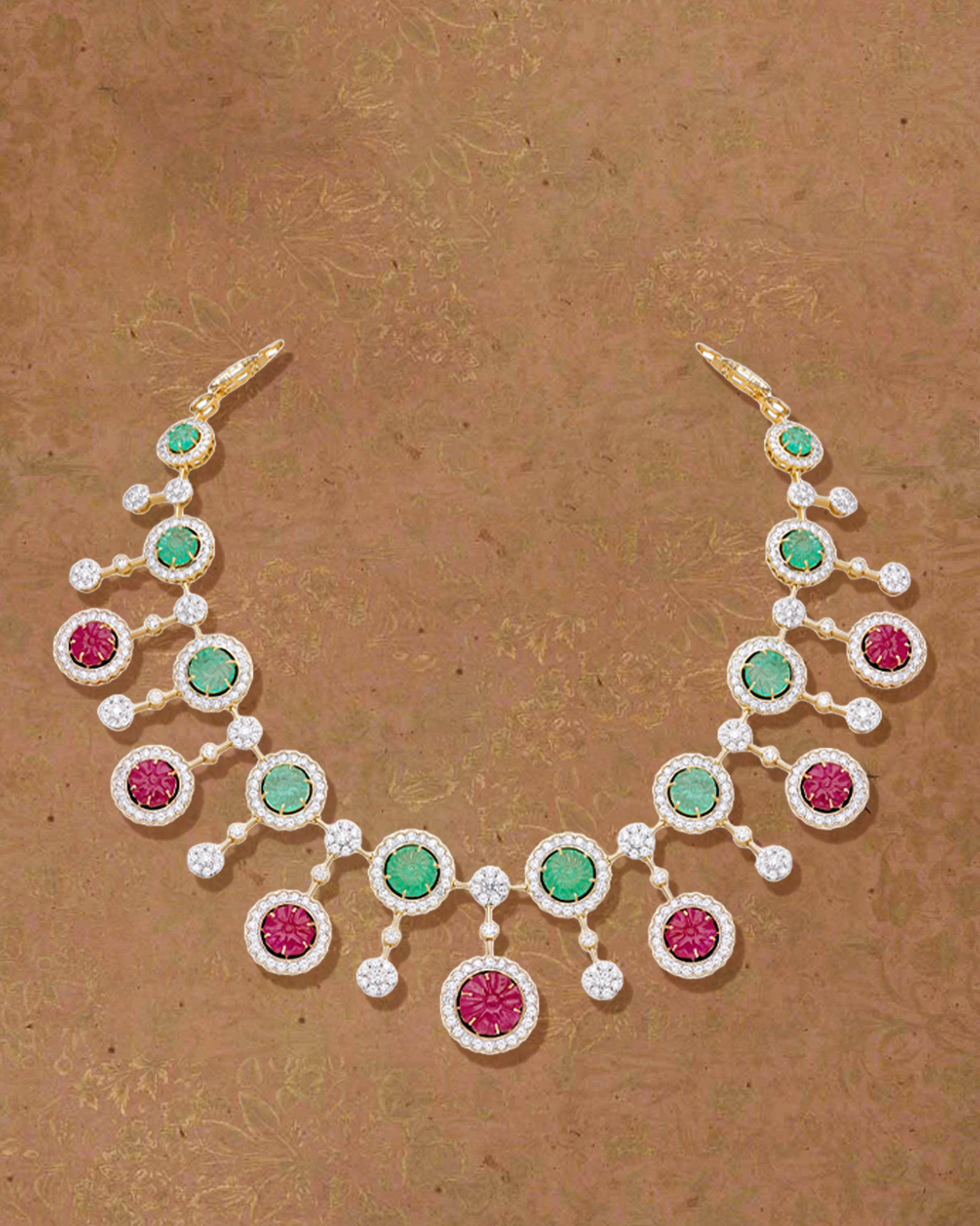Bold contrast of diamonds, rubies, and emeralds 

 