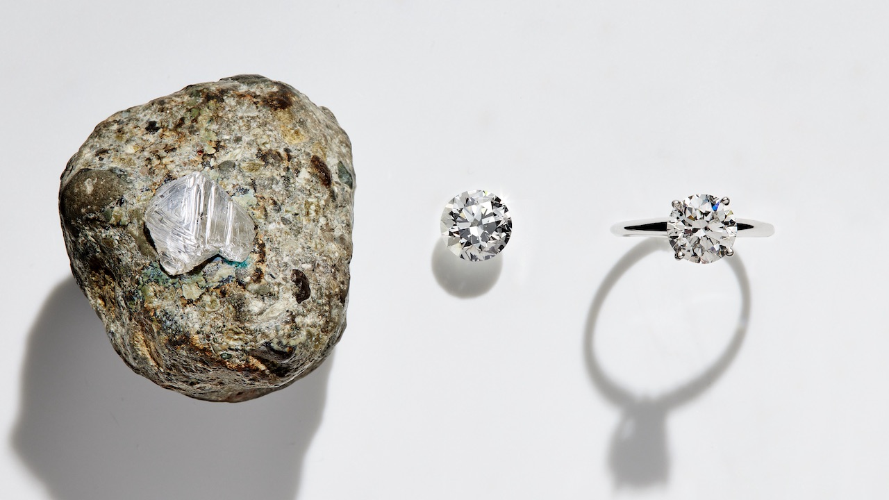 Natural diamond rough, loose natural diamond, and natural diamond engagement ring. 