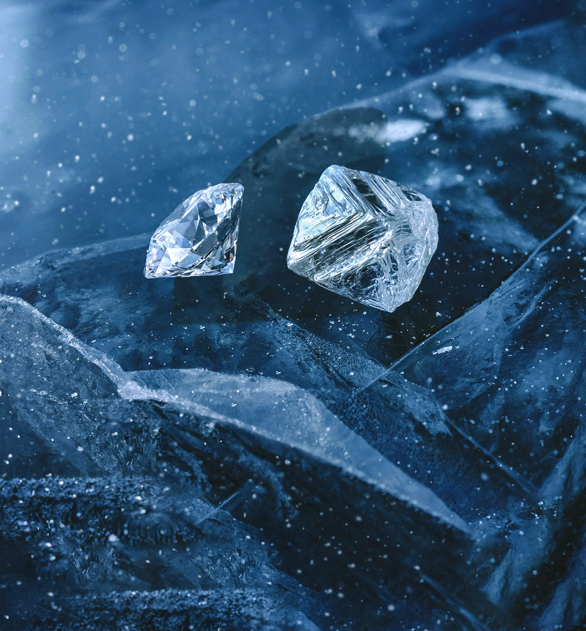 Cut and rough natural diamonds.