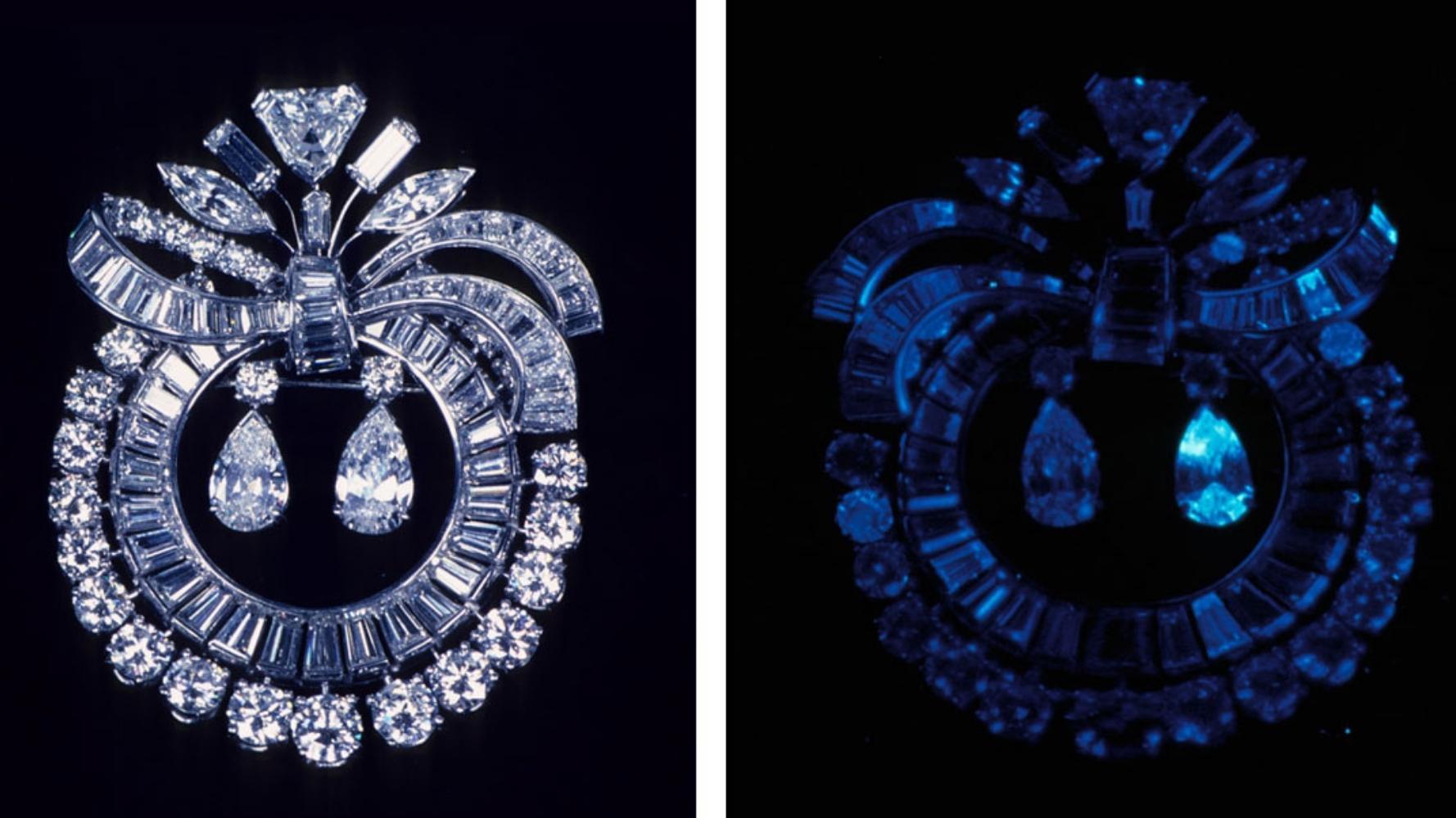 A Guide to Diamond Fluorescence: A Hidden Advantage in Diamonds 5 A good example of Diamond Fluorescence: A diamond brooch containing some fluorescent diamonds of different intensities and some with no fluorescence. (Credit GIA)