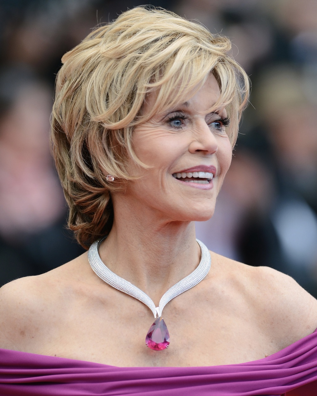 Jane Fonda attends the Cannes Film Festival, wearing a diamond and rubellite Chopard necklace