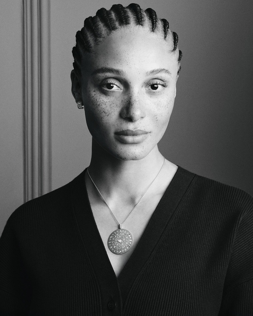 Model Adwoa Aboah wearing De Beers Talisman Collection in Portraits of True Brilliance, photographed by Oliver Hadlee Pearch (Courtesy of De Beers) 
