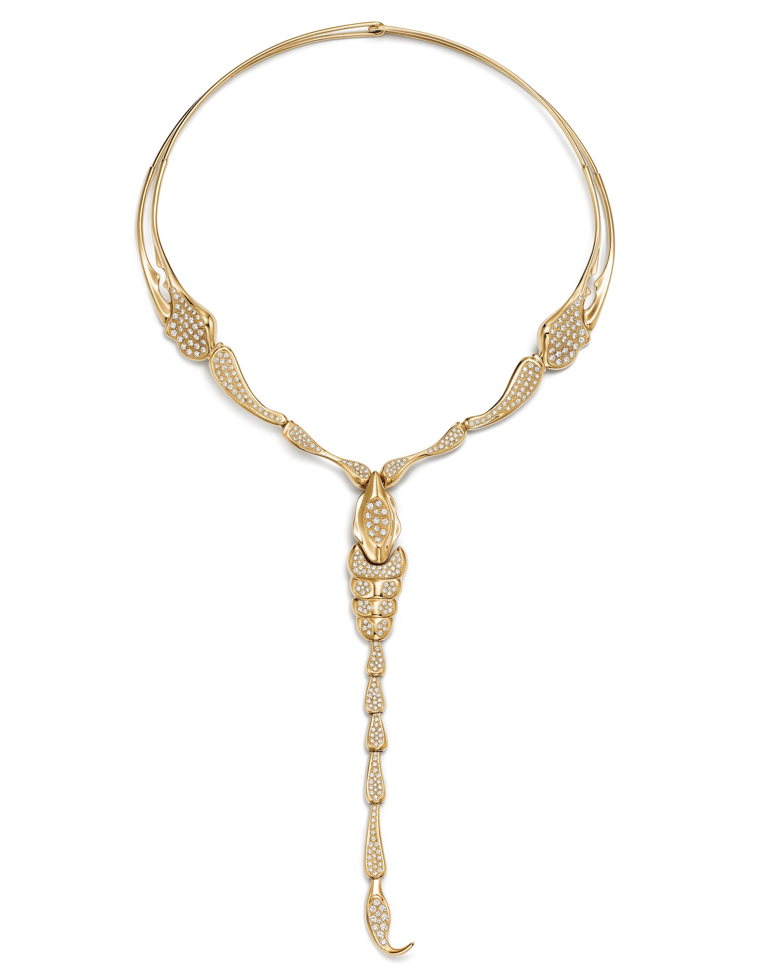 Tiffany & Co. Elsa Peretti Scorpion Necklace in Yellow Gold with Pavé Diamonds, $102,000, tiffany.com