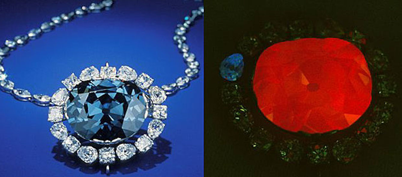 A Guide to Diamond Fluorescence: A Hidden Advantage in Diamonds 3 A good example of Diamond Fluorescence: The Hope Diamond in natural light and the Hope Diamond in UV light showing its red fluorescense. (Credit GIA)