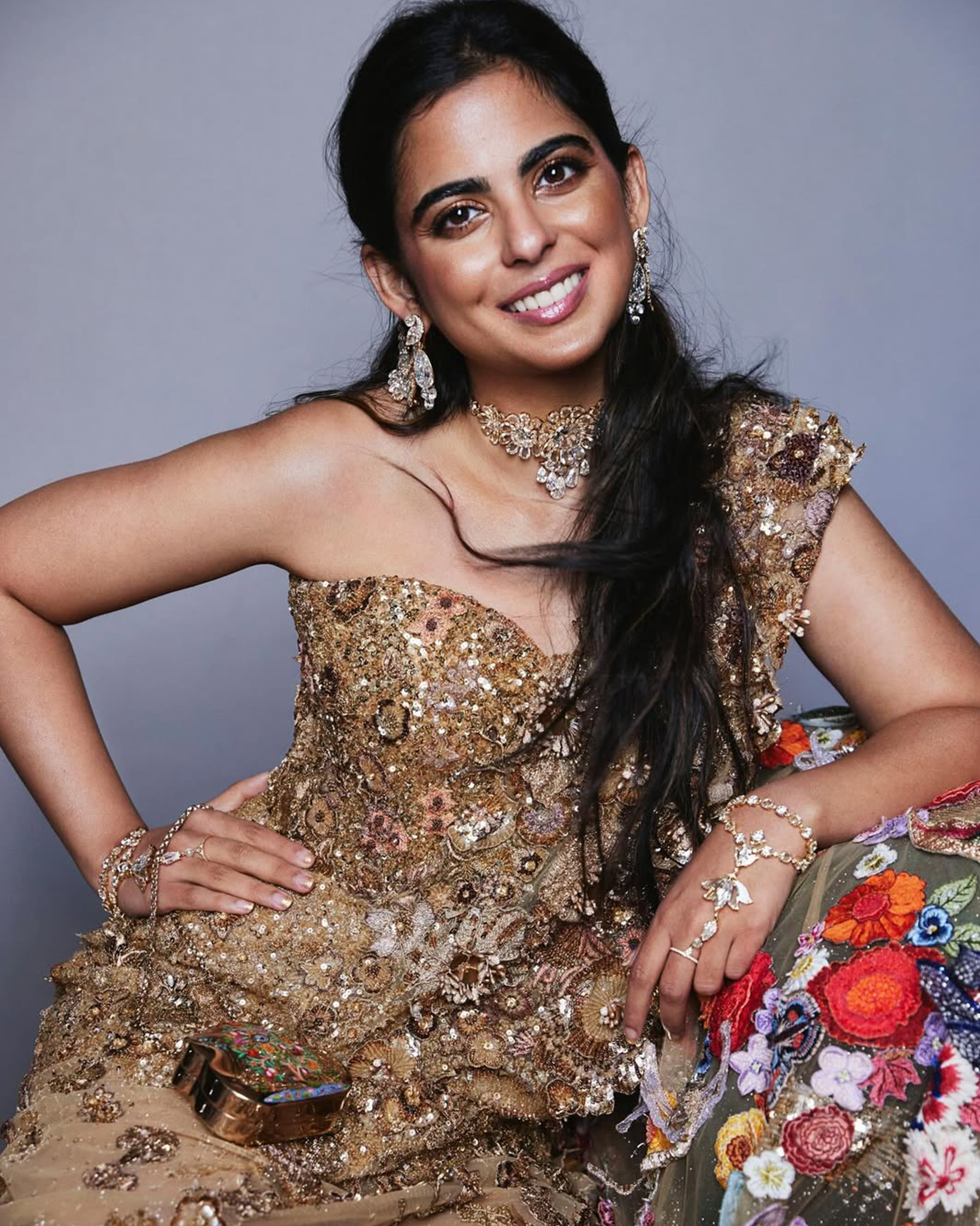 Inside Isha Ambani’s Personal Vault of Diamonds 6 Lotus Haathpochas, parrot earrings, and floral choker by Viren Bhagat at the MET Gala 2024