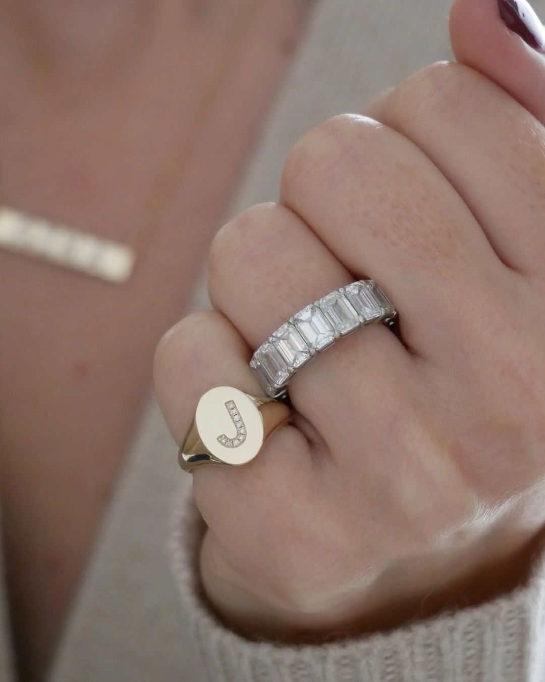 diamond signet ring with initial 