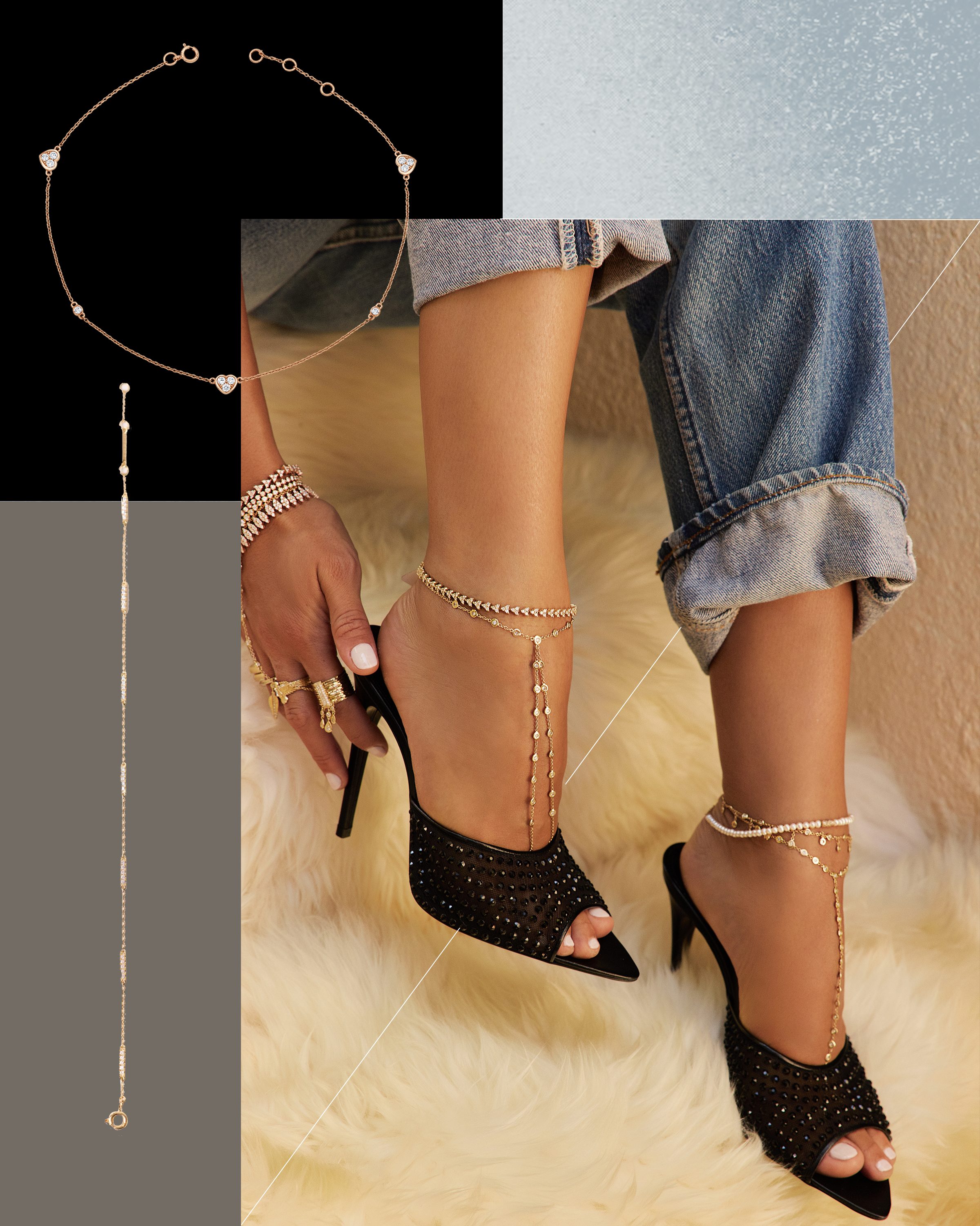 Modern diamond headpieces and anklets by contemporary brands 