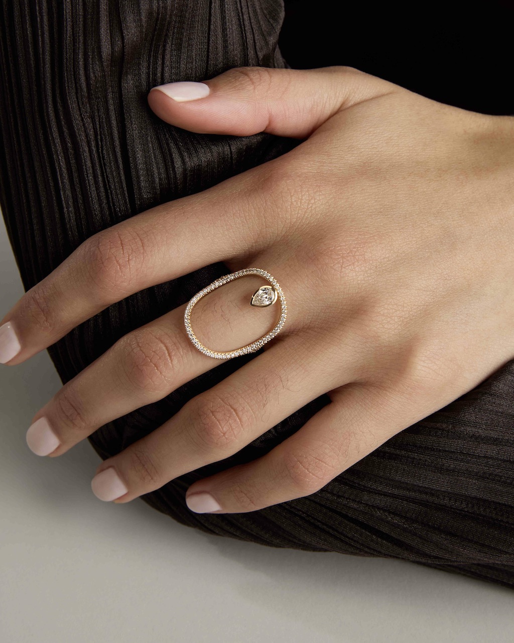 The Strikingly Subtle Diamond Designs of Khadijah Fulton's White Space 3 White Space Continuity Pavé Pear Diamond Ring, $5,370, whitespacejewelry.com