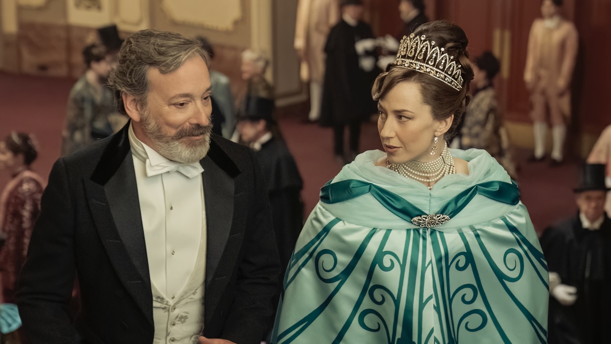 Jeremy Shamos as Mr. Gilbert and Carrie Coon as Bertha Russell in The Gilded Age Season 2. 