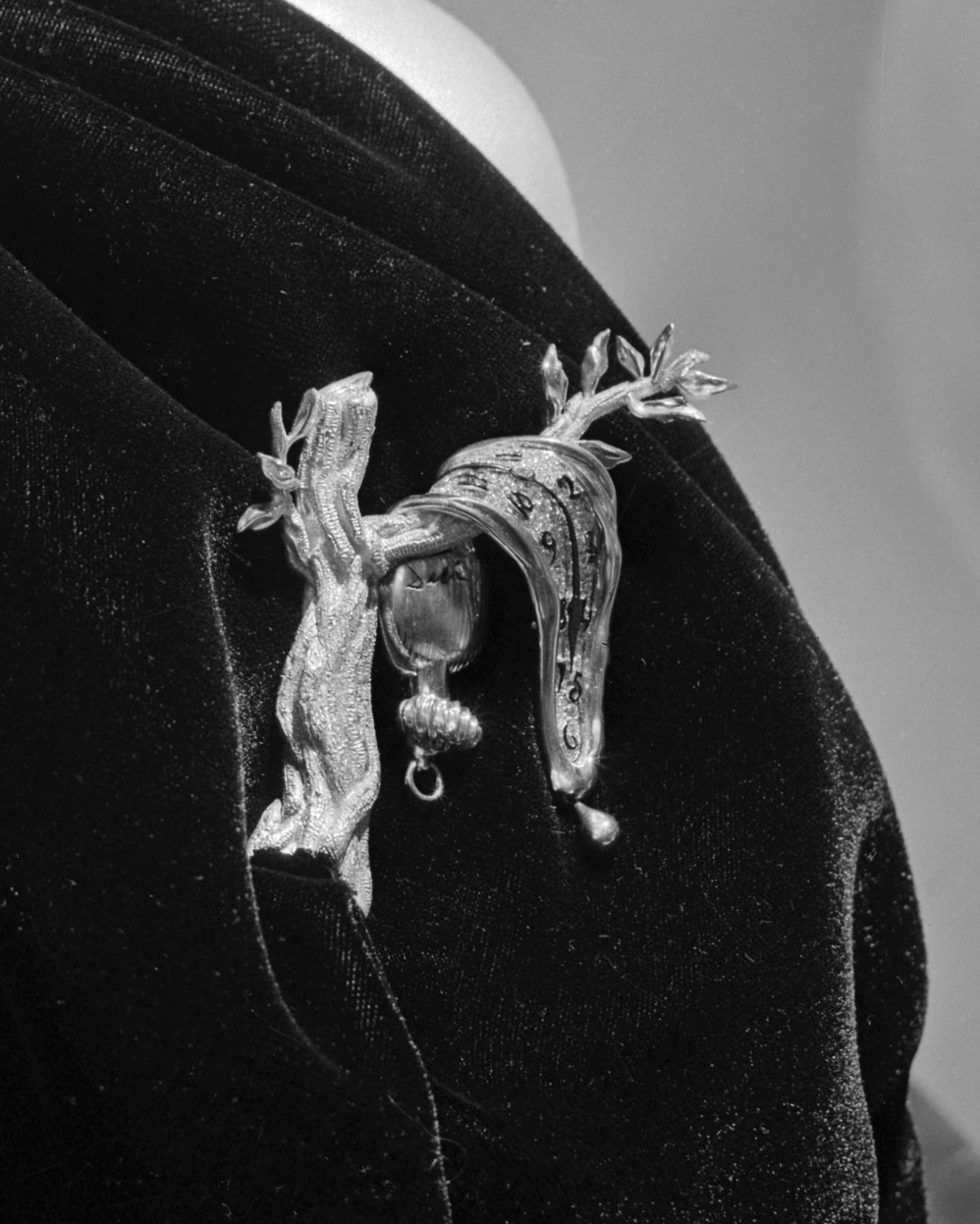 diamond and gold brooches of a pocket watch draped over a tree  by Salvador Dali