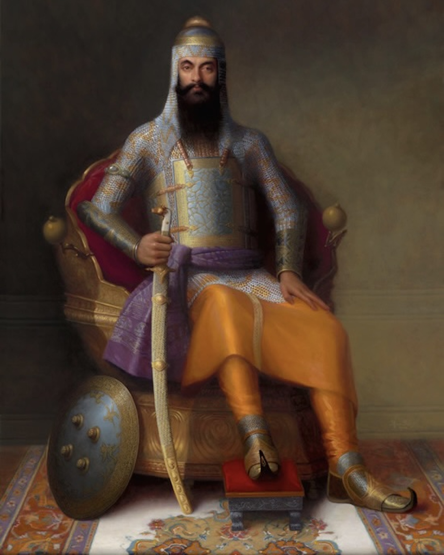 Painting of Maharajah Ranjit Singh in his full dress armor, with the Koh-i-Noor diamond on his right arm in its original setting by contemporary artist Manu Kaur Saluja, 2009.