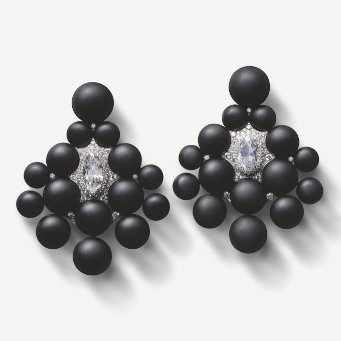 TITANIUM JEWELRY Black jet and diamond earrings by SABBA in titanium and yellow gold, set with two marquise-cut diamonds weighing 2.35 and 1.69 carats as seen in The Jewelry Book
