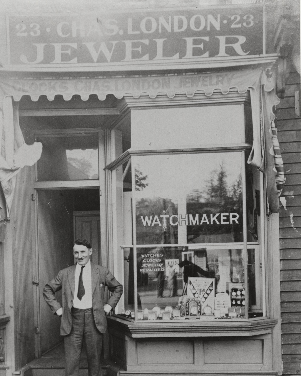 Charles London in front of the original store at 23 School Street in Glen Cove, Long Island (Courtesy London Jewelers)