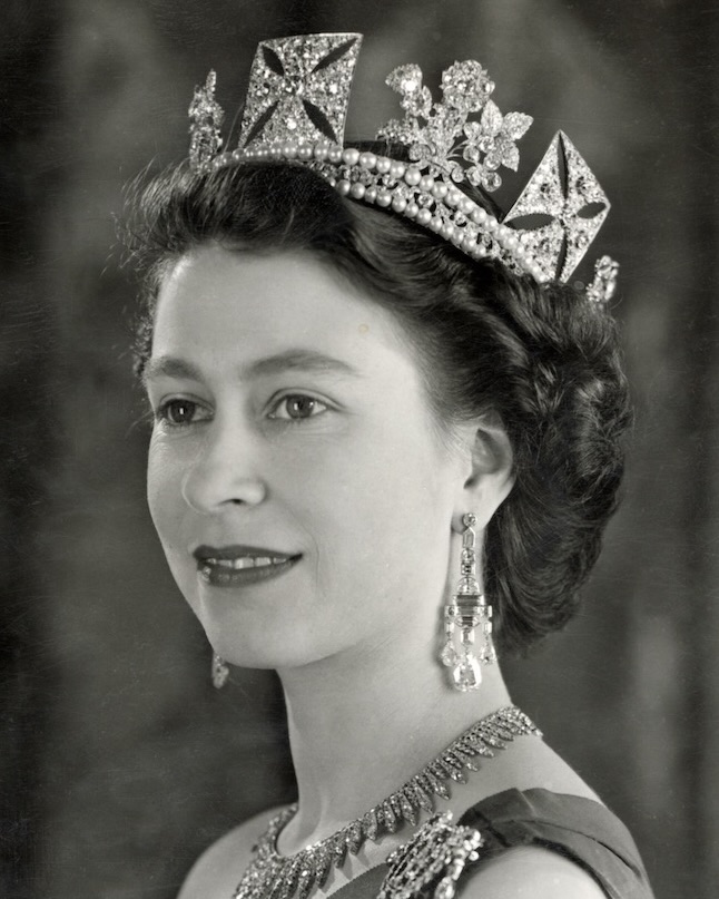 Queen Elizabeth II wearing the Greville chandelier earrings Catherine, Princess of Wales