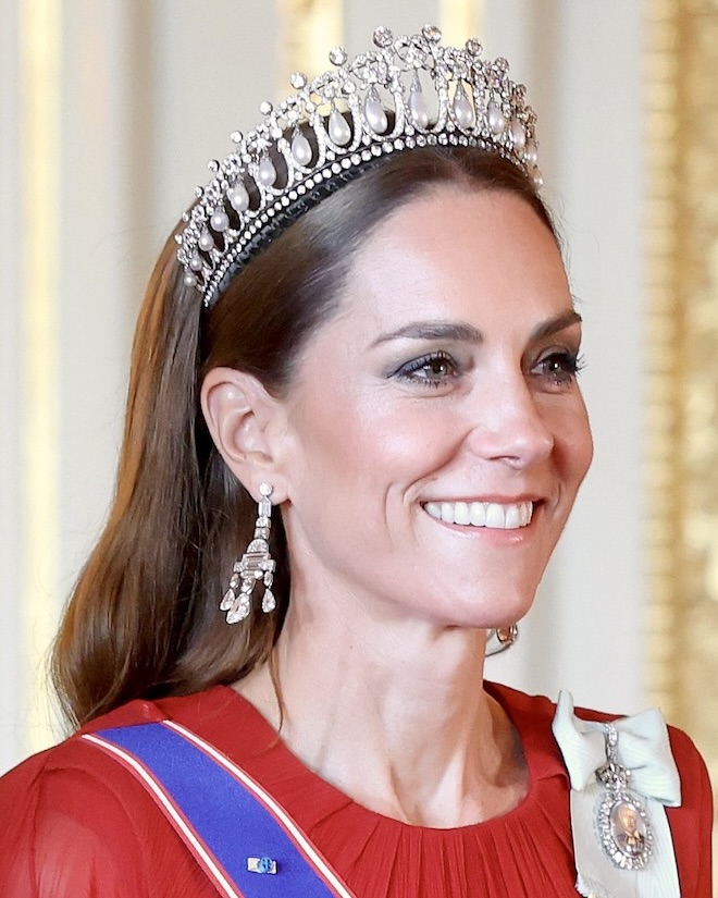 Catherine, Princess of Wales wore Queen Elizabeth II's Greville chandelier earrings at the State Banquet at Windsor Castle on July 08, 2025 in Windsor, England