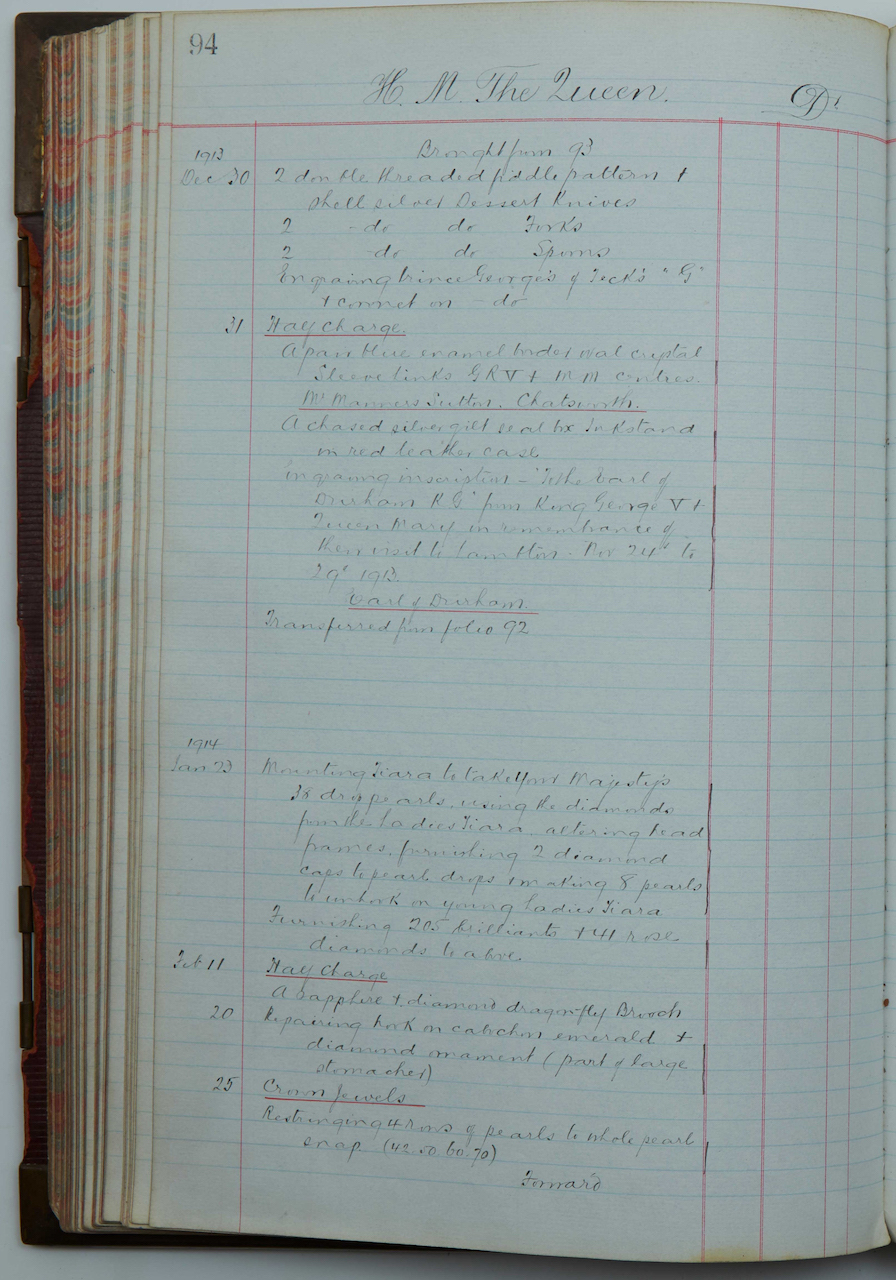 The Royal History of The Cambridge Lover's Knot Tiara 5 The original 1913 Garrard workshop ledger entry documenting the Lover's Knot tiara’s creation