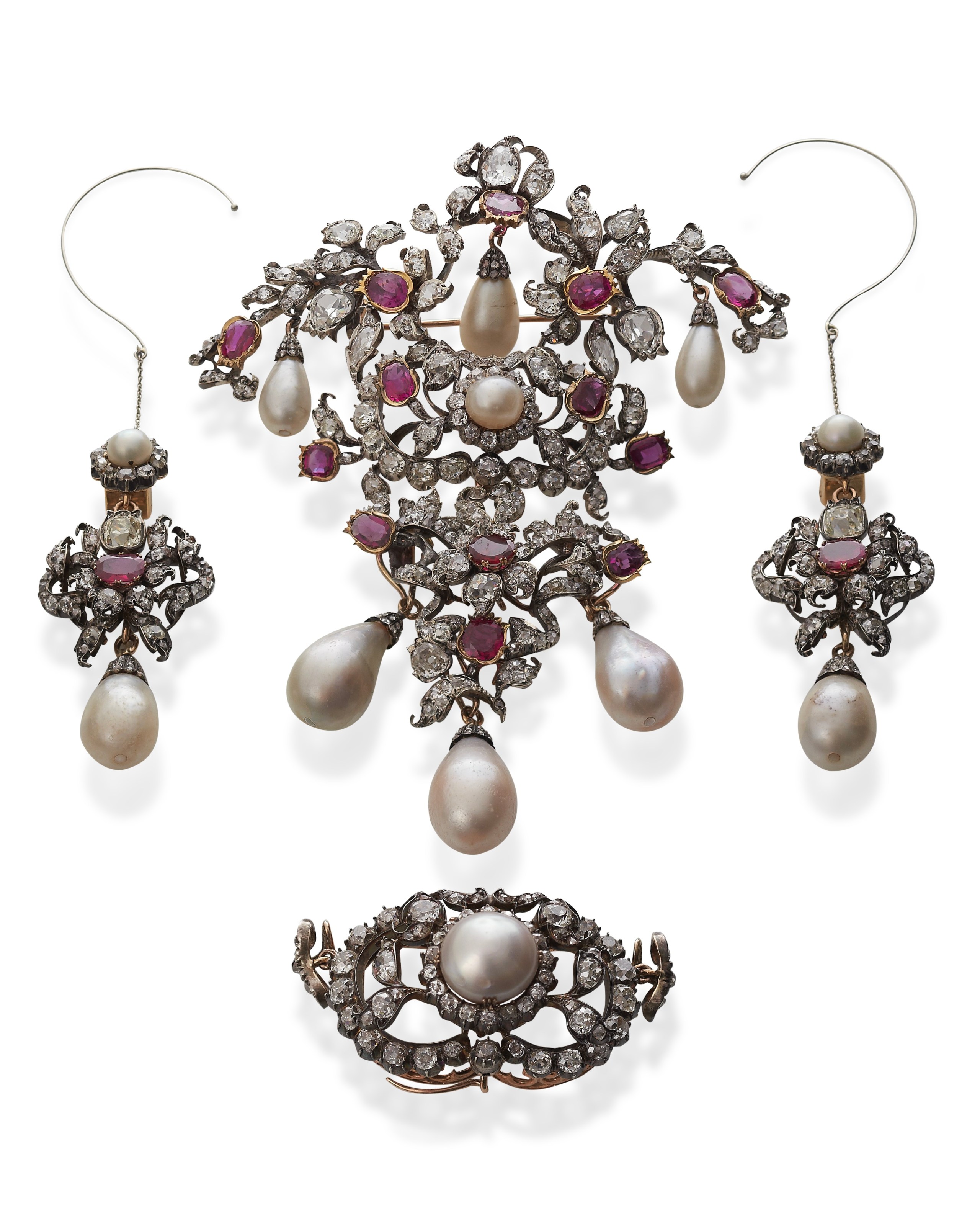 Royal Danish Crown Jewel Collection Pearl and Ruby Pins end Earrings.