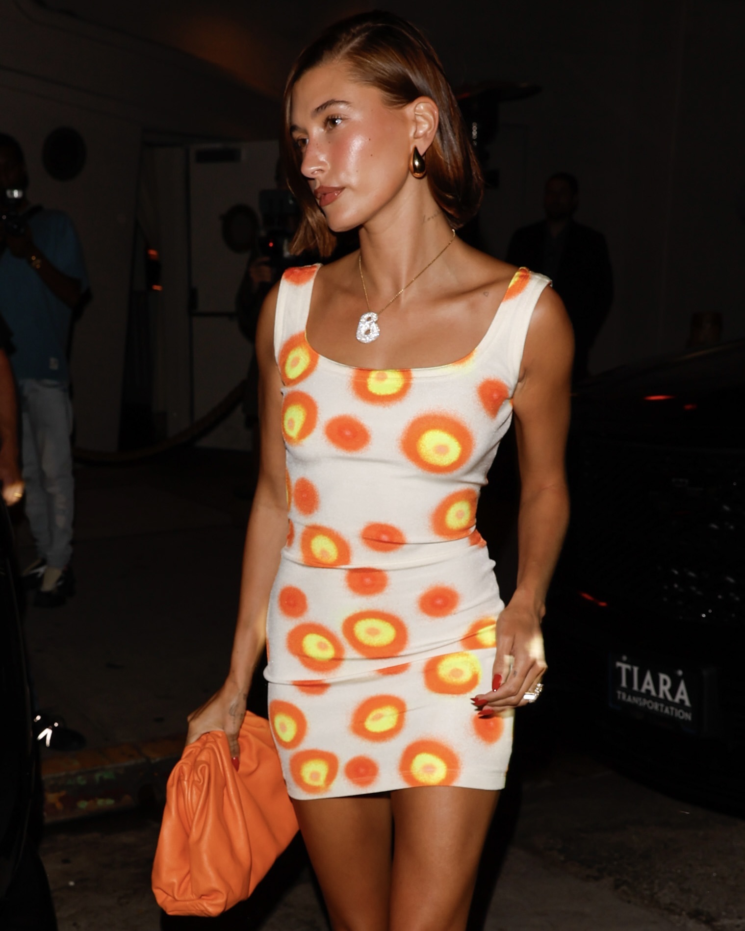 Hailey Bieber wears her diamond bubble “B” initial pendant necklace in new street style moment 