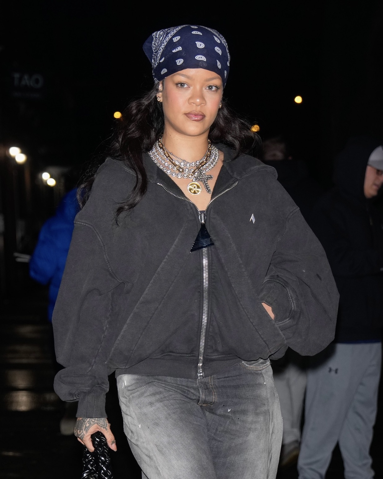 Rihanna wears diamond Briony Raymond diamond cross necklace and a diamond initial necklace in new street style moment